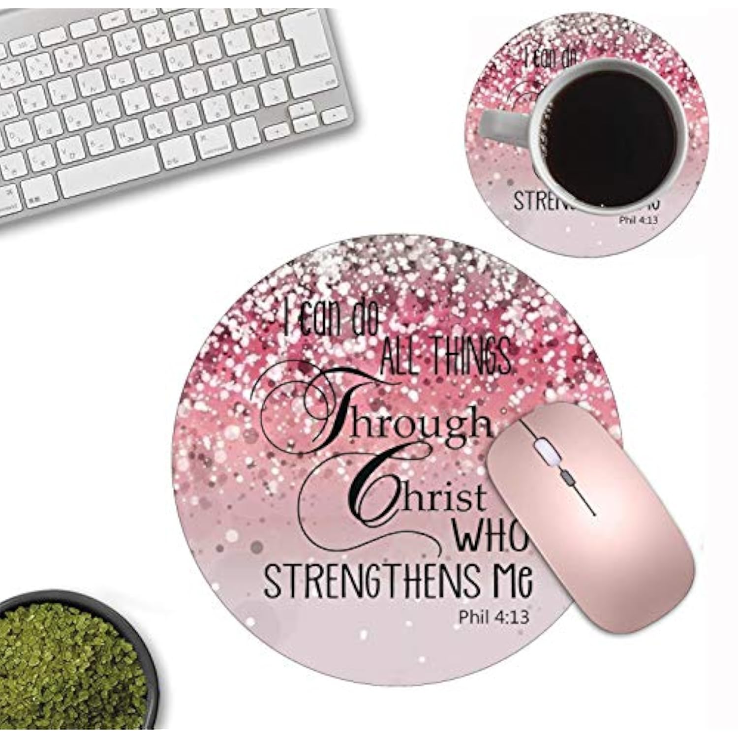 Round Mouse Pad And Coasters Set, Pink Glitter Mousepad, Inspirational Quotes Christian Bible Verse Phil 4-13 Mousepad, Non-Slip Rubber Base Mouse Pads For Laptop And Computer