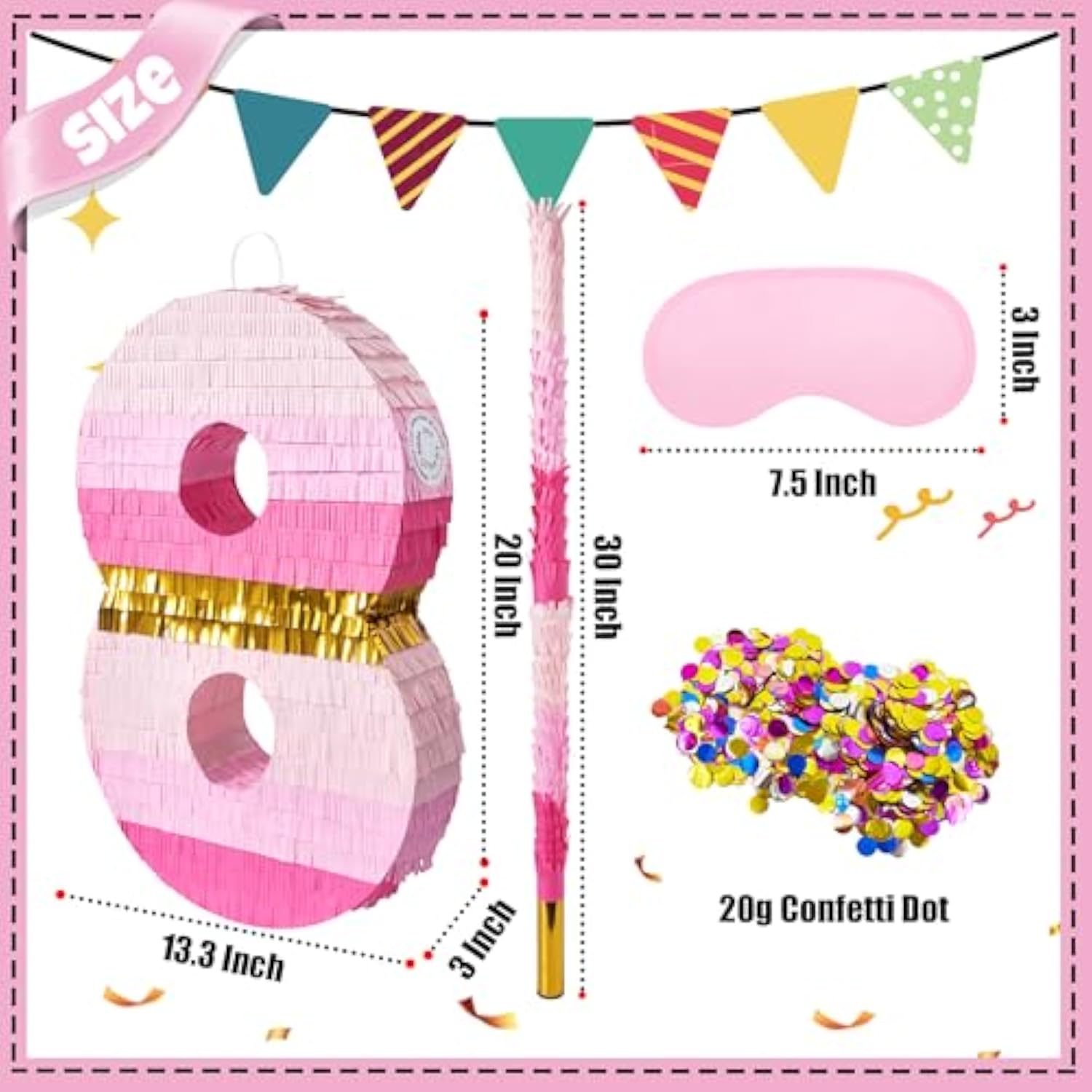 20 Inch Number 8 Piñata Pink Gold With 30 Inch Piñata Stick Blindfold Confetti For Boys Girls Adults Birthday Party Decorations, Anniversary Celebration, Fiesta
