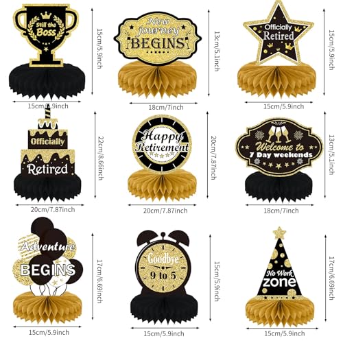9PCS Retirement Party Decorations Gold Retirement Party Centerpiece Honeycomb Glitter Table Decorations Toppers for Happy Retirement Party Supplies Man and Women