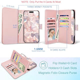iPhone 16 Wallet Case, Marble Rose Gold PU Leather, 9 Card Slots, Shockproof