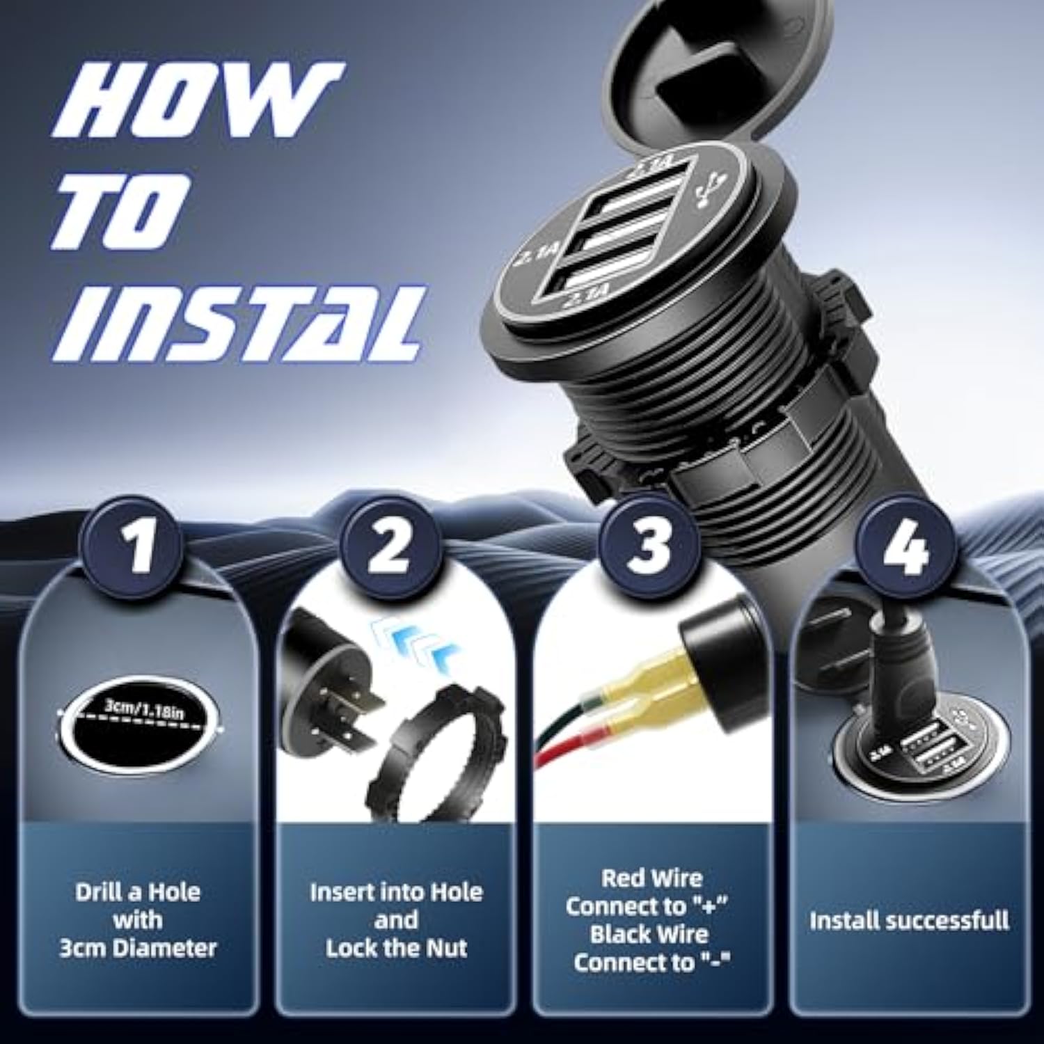 12V Usb Outlet Wire Usb Charger, 3 Port 12V/24V Charger Socket For Cars, Boats, Rvs, Trucks, Golf Carts, And Motorcycles And More (Pack Of One)