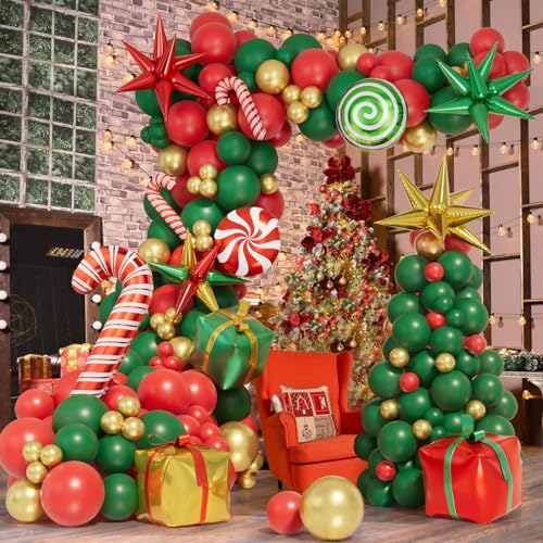 Christmas Balloon Garland Arch Kit, Red Green Gold Christmas Party Decor