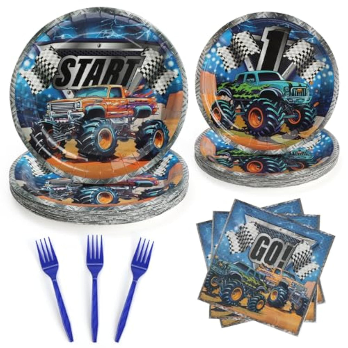 96 Pcs Party Plates, Monster Truck Paper Plates And Napkins Party Supplies For Monster Trcuck Theme Birthday For Kids, Disposable Tableware Sets, Serve For 24 Guests, Dark Blue