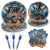 96 Pcs Party Plates, Monster Truck Paper Plates And Napkins Party Supplies For Monster Trcuck Theme Birthday For Kids, Disposable Tableware Sets, Serve For 24 Guests, Dark Blue