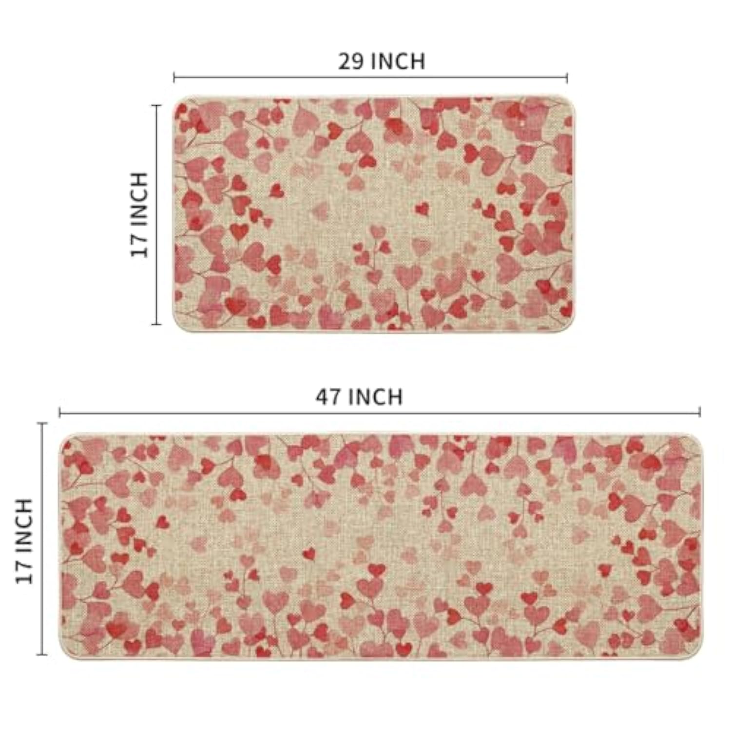 Pink Love Heart Valentines Kitchen Mats Set Of 2, Home Decor Low-Profile Kitchen Rugs For Floor - 17X29 And 17X47 Inch