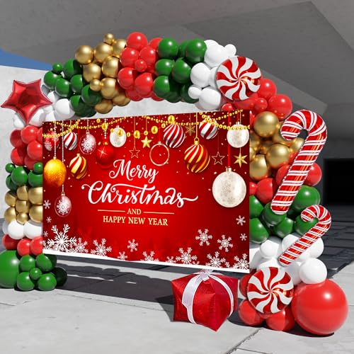 Christmas Balloon Arch Kit, 163PCS Christmas Party Decorations with Large Backdrop for Photography, Red Green Gold, Candy Cane, Red Star, Gift Box Foil Balloons for Party Decor
