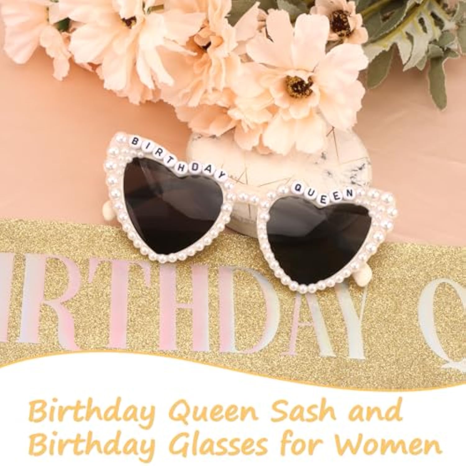 Birthday Sash For Women Girls, Gold Birthday Queen Sash With Glasses For Women Happy Birth Day Decorations For Girls Party Favors Accessories