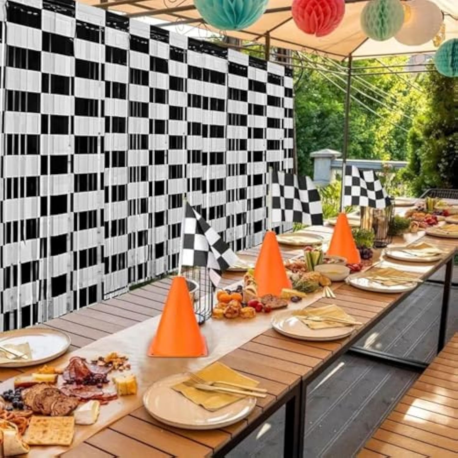 Race Car Birthday Party Streamers Backdrop Decorations, 2 Pack Black White Checkered Foil Fringe Curtain Photo Booth Props With Racing Car Birthday Banner For Back To School Car Themed Party Supplies