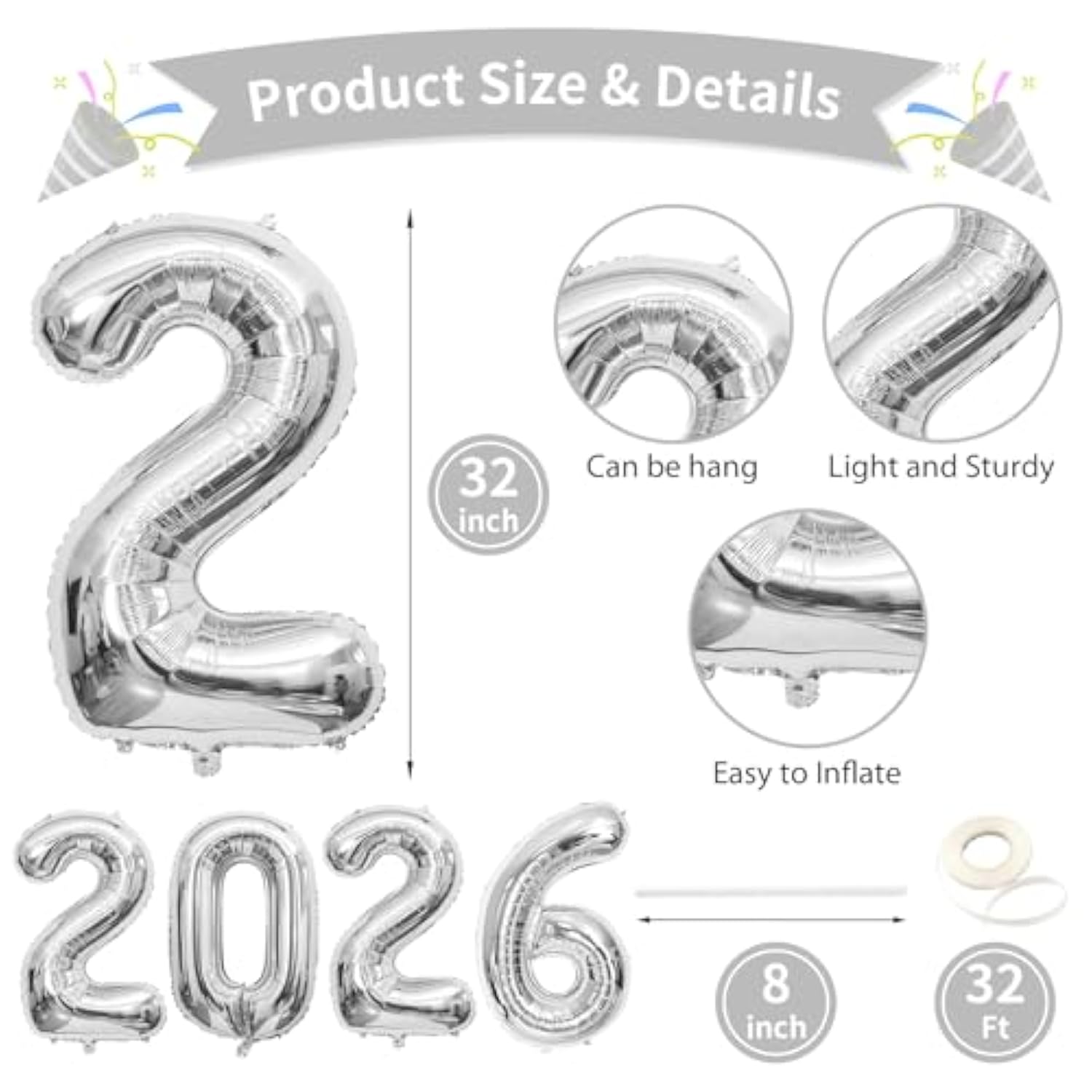 32in Silver 2026 Number Balloons Happy New Year Foil Party Decorations