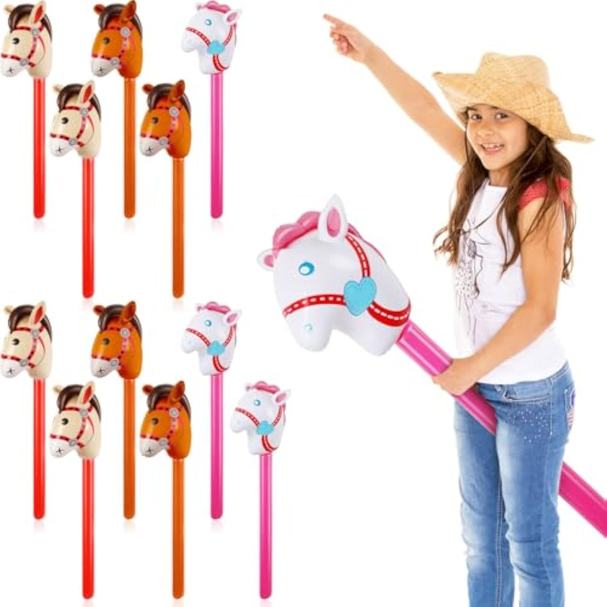 12-Pc Inflatable Stick Horse Set for Cowboy & Cowgirl Party Décor