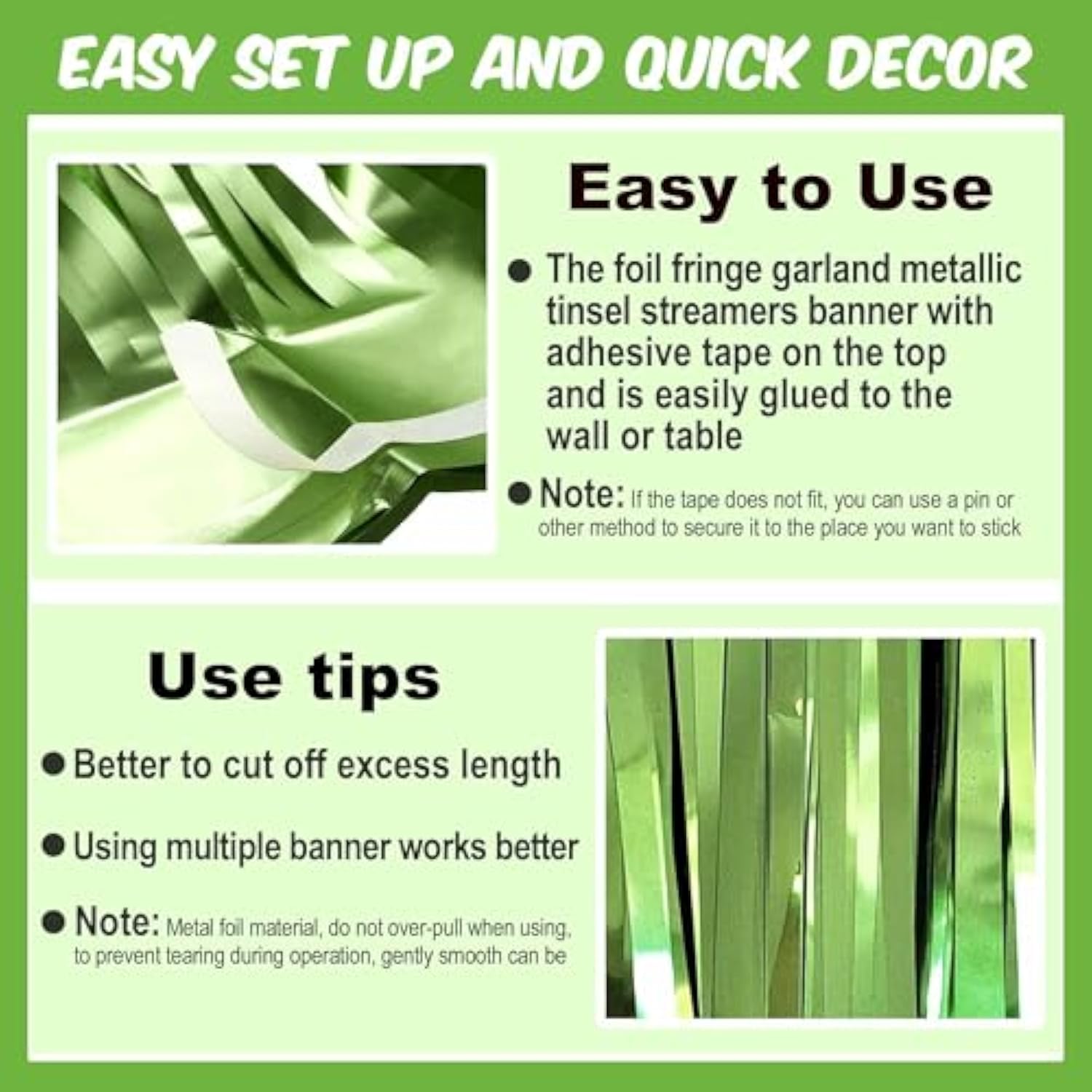 6 Pack 10 Ft Light Green Foil Fringe Garland Metallic Streamers Tinsel Banner Wall Hanging Garland Backdrop For Parade Floats, Halloween, Christmas, Thanksgiving, New Year Party Decorations
