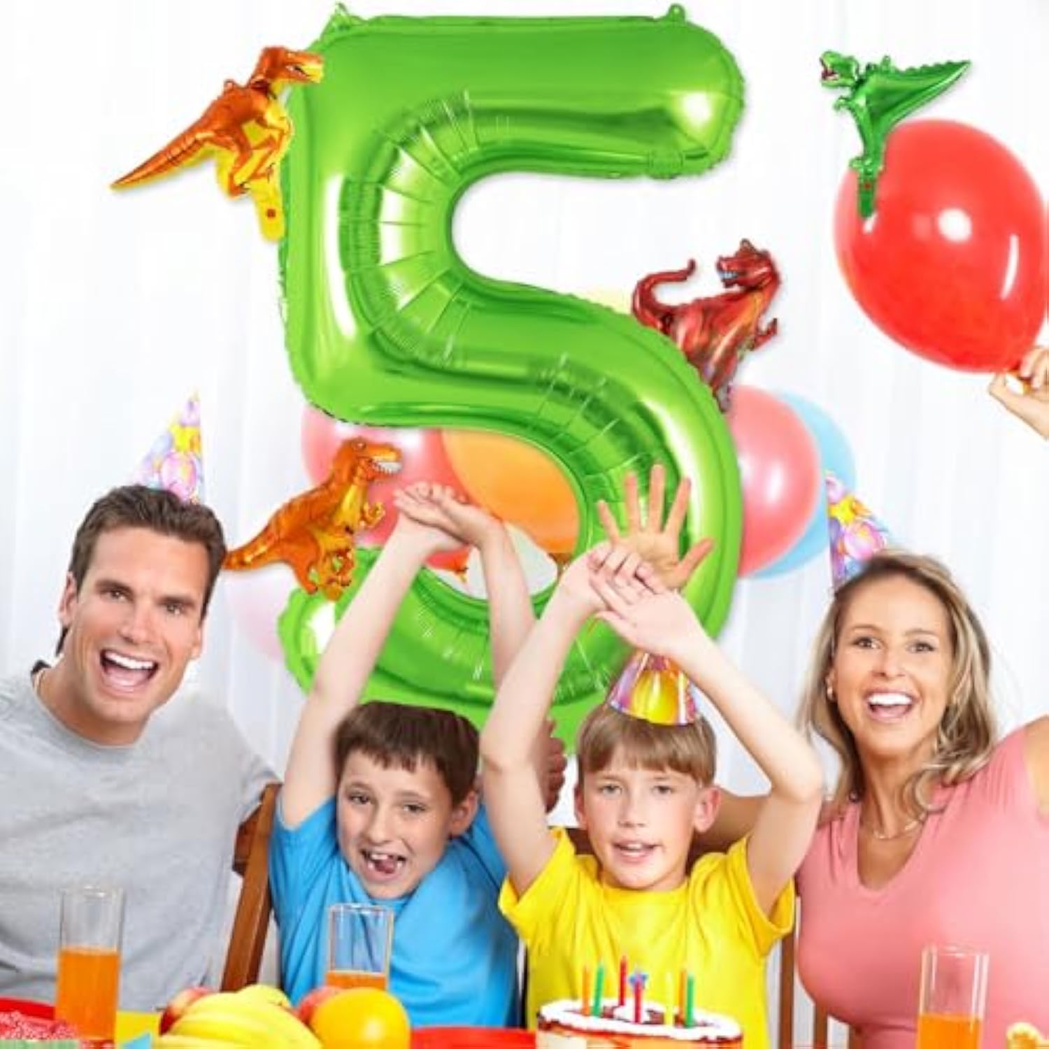 40" Green Number 5 Balloon with Mini Dinosaur Balloons 5th Birthday Decor