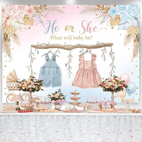 Boho Gender Reveal Backdrop He or She Sign Banner Blue and Pink Cute Baby Clothes Gender Reveal Party Decorations Pampas Grass Floral Baby Shower Party Background Supplies 7x5ft
