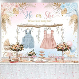 Boho Gender Reveal Backdrop He or She Sign Banner Blue and Pink Cute Baby Clothes Gender Reveal Party Decorations Pampas Grass Floral Baby Shower Party Background Supplies 7x5ft