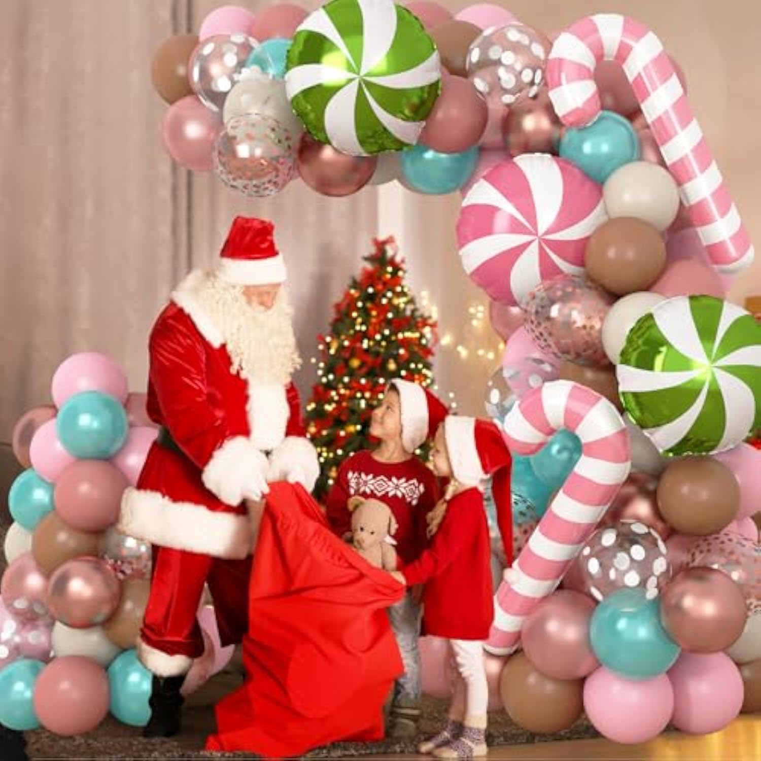 Gingerbread Balloon Garland Kit 134Pcs Christmas Balloons Arch Kit Pink Brown Rose Gold Teal Blue Balloons With Candy Cane Foil Balloon New Year Xmas Cookie Exchange Gingerbread House Party Decoration
