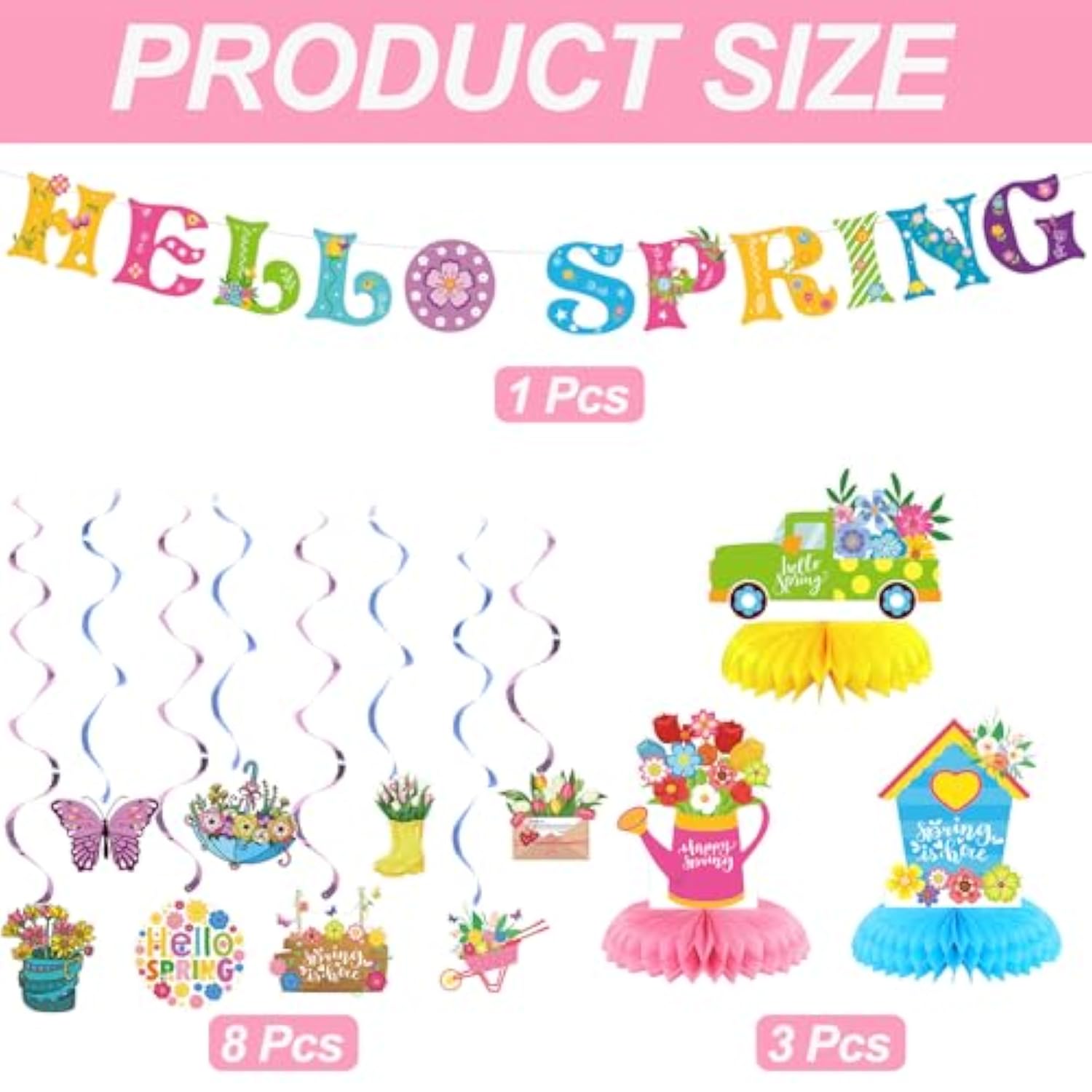 12 Pcs Spring Decorations,Hello Spring Banner,Spring Hanging Swirls With Spring Honeycomb Centerpieces Spring Supplies Decorations For Office Classroom