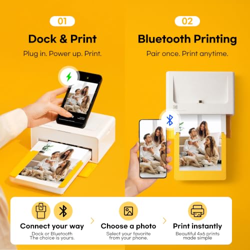 Dock Plus 4X6'' Photo Printer, 50 Sheets, Docking & Bluetooth Smartphone Printer For Iphone & Android, Instant Color Prints, 4Pass Dye Sublimation