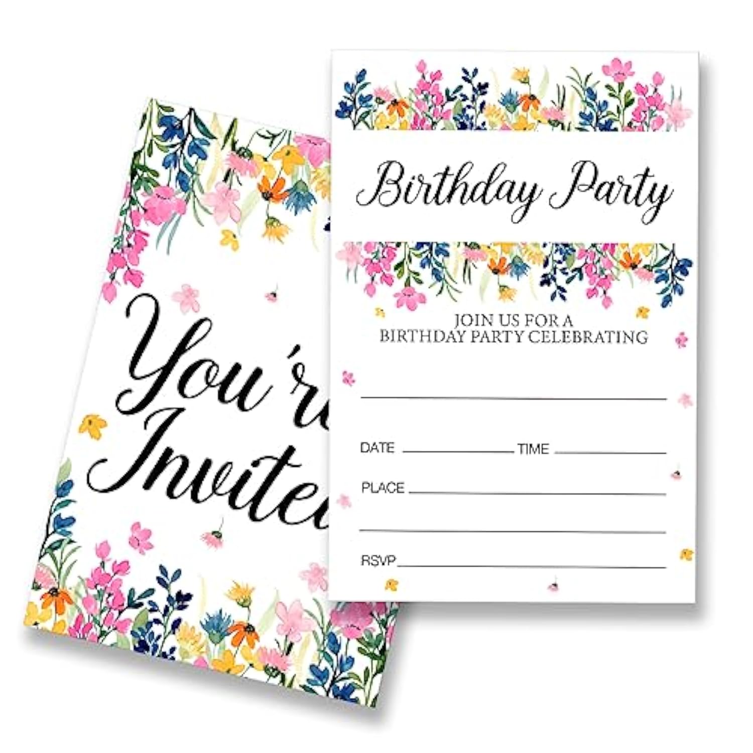Wildflower Birthday Party Invitations Supplies Fill-In Set Of 20 With Envelopes Floral Birthday Bash Invites Cards, Double Sided
