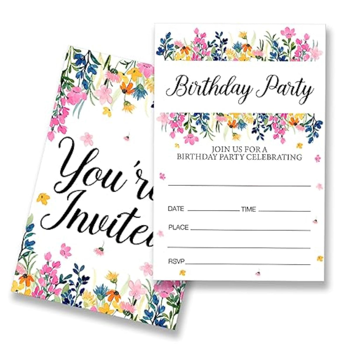 Wildflower Birthday Party Invitations Supplies Fill-In Set Of 20 With Envelopes Floral Birthday Bash Invites Cards, Double Sided