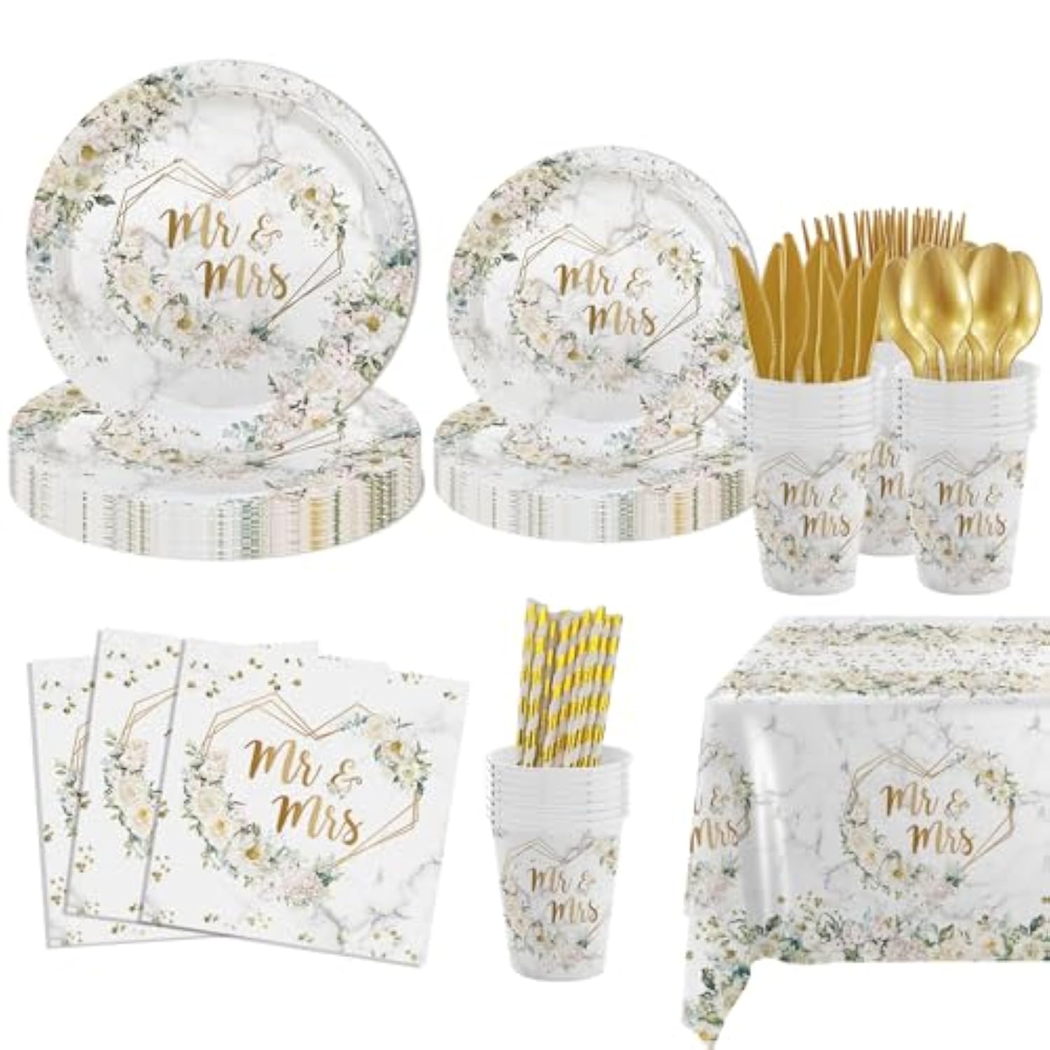 193 Pcs White Wedding Party Decorations, Mr And Mrs Paper Plates Cup And Nakpins Set, Floral Wedding Disposable Dinnerware With Tablecloth, Bridal Shower Disposable Party Supplies, 24 Guests