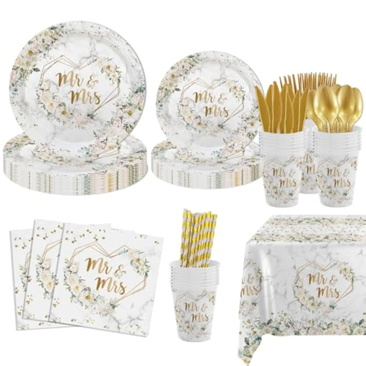 193 Pcs White Wedding Party Decorations, Mr And Mrs Paper Plates Cup And Nakpins Set, Floral Wedding Disposable Dinnerware With Tablecloth, Bridal Shower Disposable Party Supplies, 24 Guests