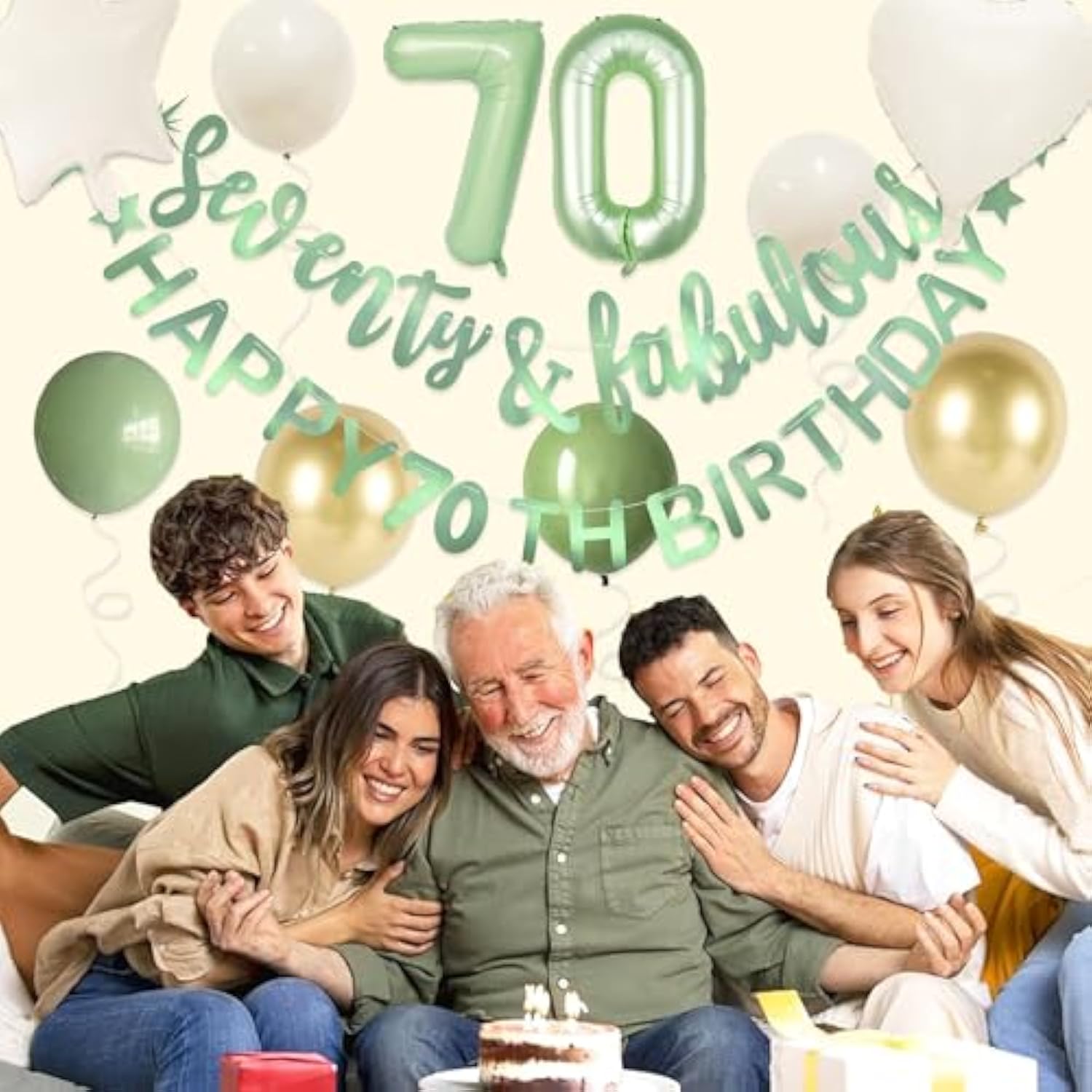 Sage Green 70th Birthday Banner and Foil Balloon Party Decor