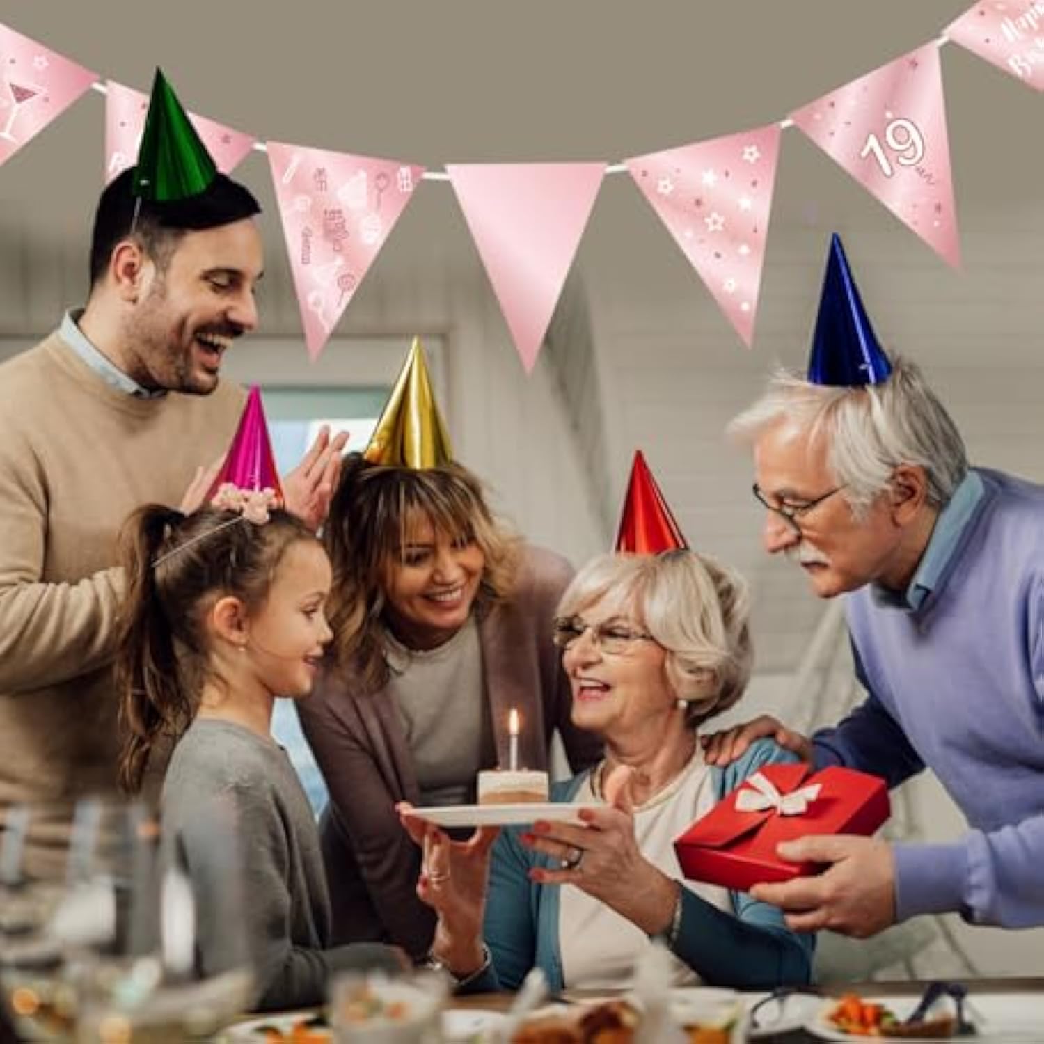 19Th Birthday Decoration Kit, Happy 19Th Birthday Banner Bunting Swirls Streamers, Triangle Flag Banner For Birthday Party Decorations Supplies Rose Gold 19Th