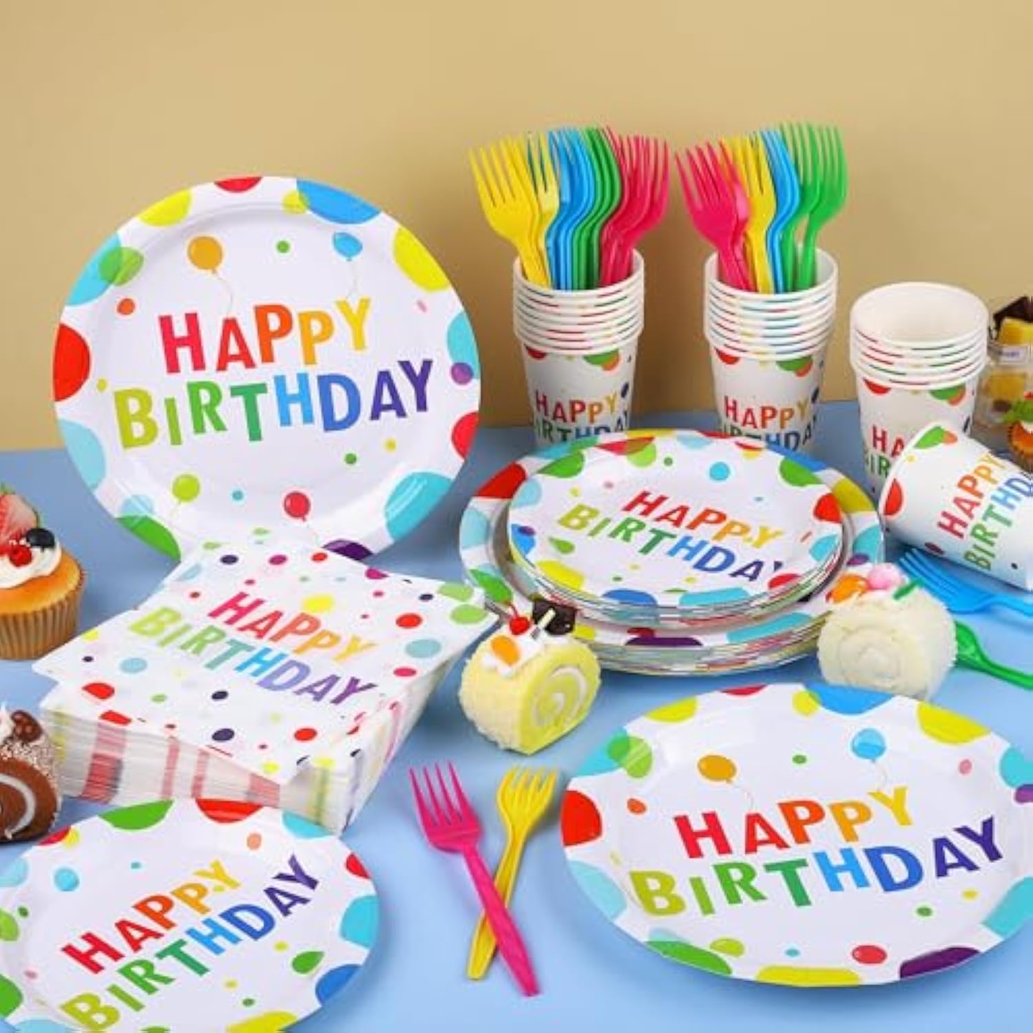 144 Pieces Happy Birthday Print Party Decorations Including Disposable Plates Napkins Cups Forks Tableware Sets Serves 24 For Birthday Party Supplies