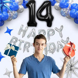 14Th Birthday Party Decorations For Boys, Navy Blue Silver Black Happy 14 Birthday Decorations Set With Backdrop Banner 14 Number Balloons For Him 14 Years Old.