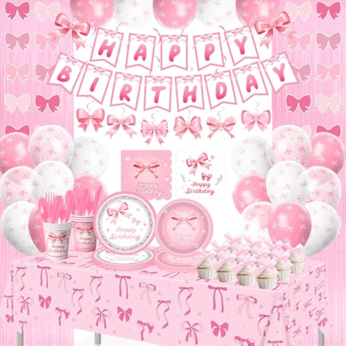 206Pcs Pink Bow Birthday Party Supplies Serve 24, Coquette Birthday Decorations Includes Bow Banner Garland, Hanging Swirls, Backdrops,Tablecloth, Plates For Girls Bachelorette Party Decor