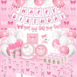 206Pcs Pink Bow Birthday Party Supplies Serve 24, Coquette Birthday Decorations Includes Bow Banner Garland, Hanging Swirls, Backdrops,Tablecloth, Plates For Girls Bachelorette Party Decor