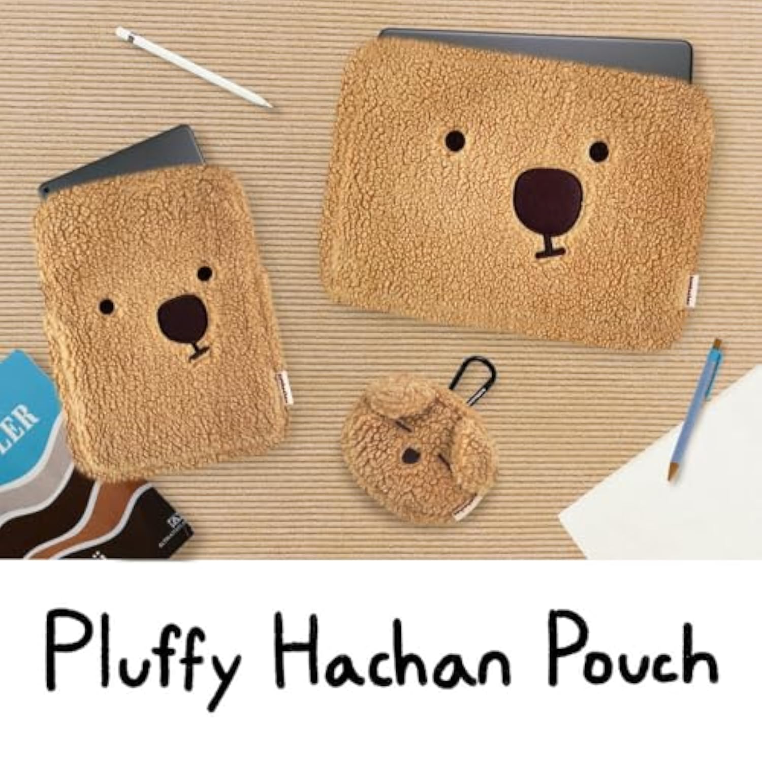 Pluffy Ha-Chan Tablet Pouch 11 Inch - Tablet Sleeve Kindle Pouch Bag Case 9 10 Inch E-Readers Embroidered Cute Character Puffy Korean Goods For Women (Brown)