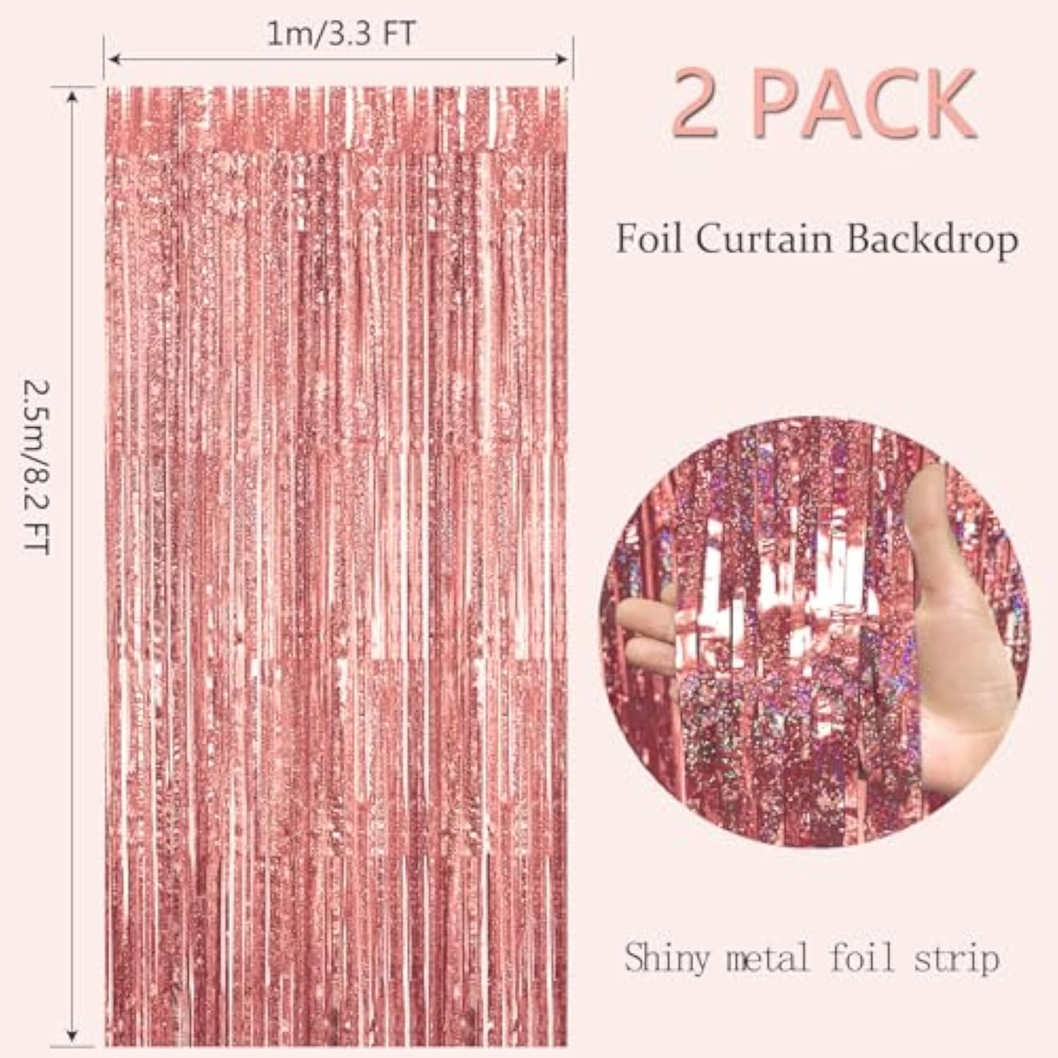 2-Pack Rose Gold Foil Fringe Curtains – 3.3x8.2ft Backdrop for Parties & Events