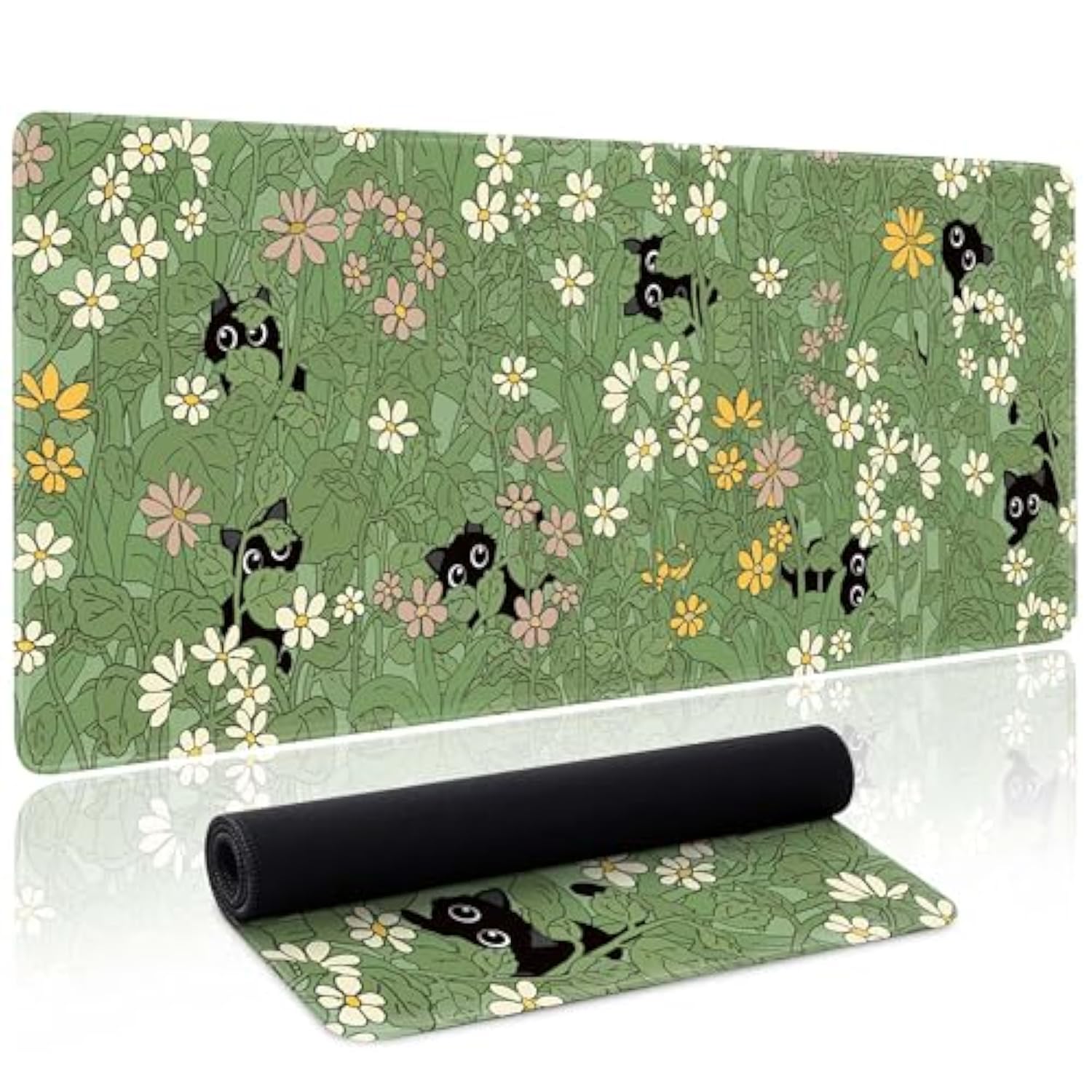 Cute Cat Mouse Pad Large Green Desk Mat Extended Keyboard Mouse Pad Kawaii Mousepad With Non-Slip Base And Stitched Edge Plant Mouse Mat Desk Pad 31.5 X 11.8 In Mouse Pads For Decor Home Office Gaming