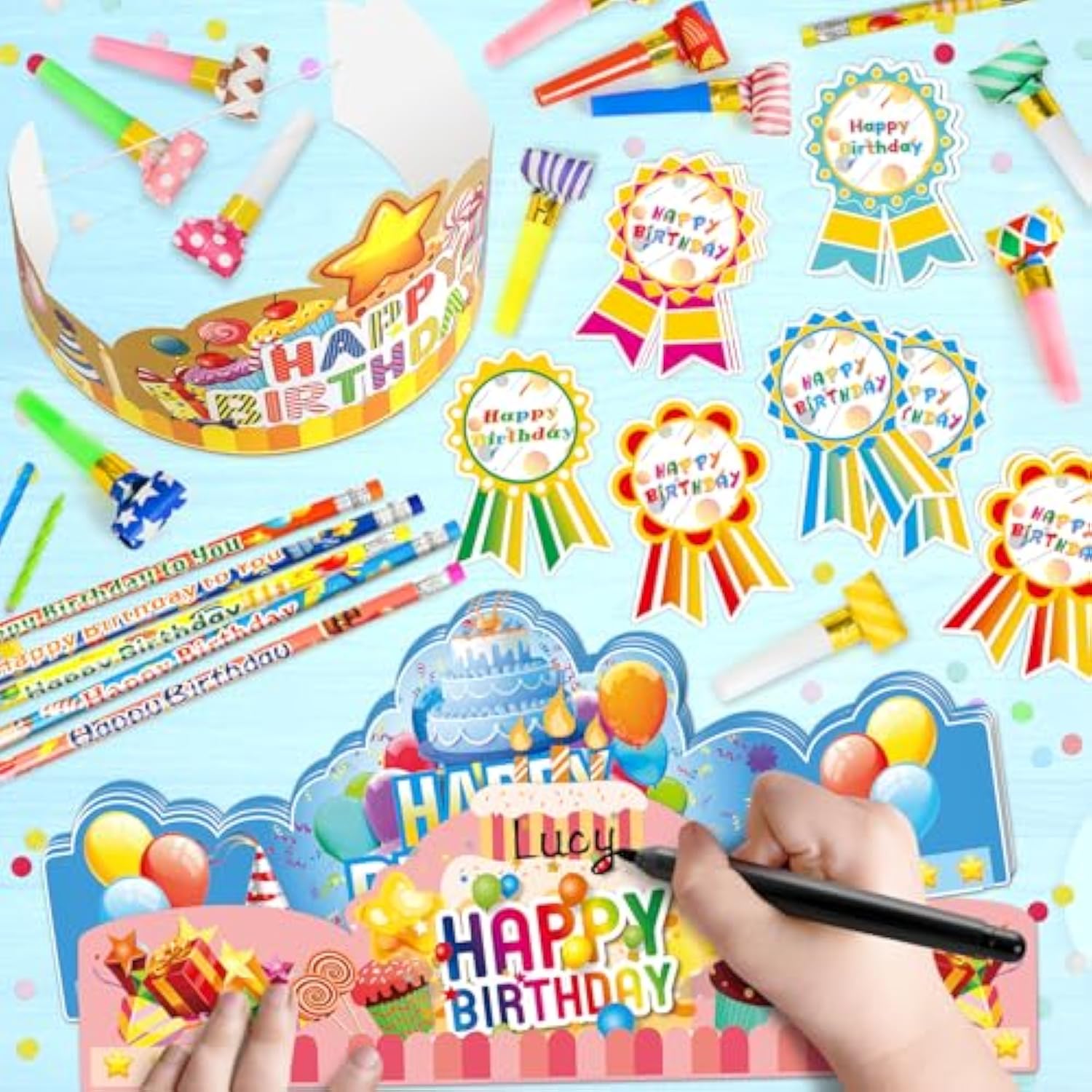 150 Pcs Happy Birthday Kits For Kids Classroom, Include Crowns, Silicone Stretches, Toy Whistles, Badge Stickers, Students Kindergarten Birthday Party Hats For School Teacher Classroom Party Supplies