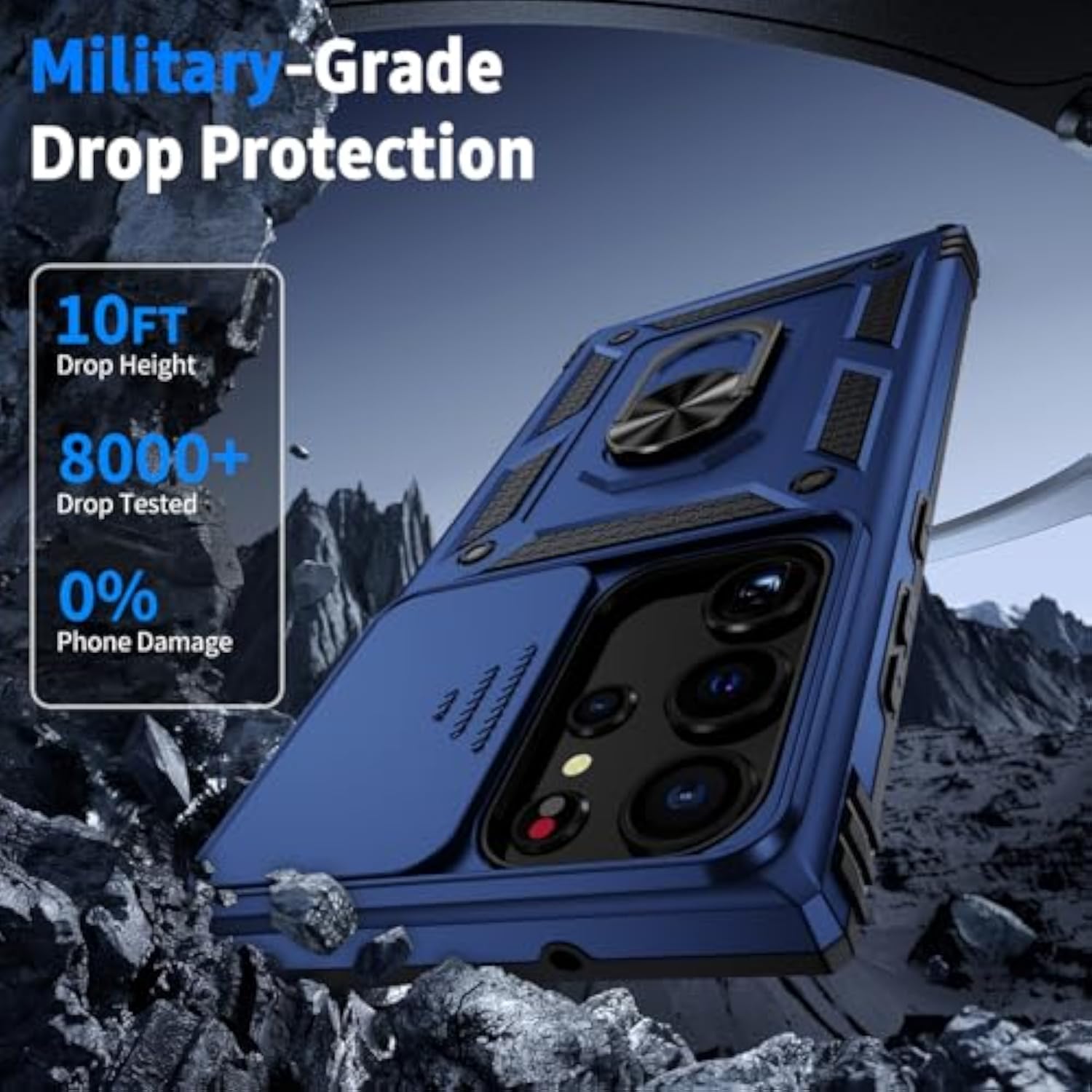 Navy Blue Samsung Galaxy S23 Ultra Case with Camera Lens Cover, 10 FT Military Grade Drop Protection, Magnetic Ring Holder Kickstand Protective Phone Case for Samsung Galaxy S23 Ultra