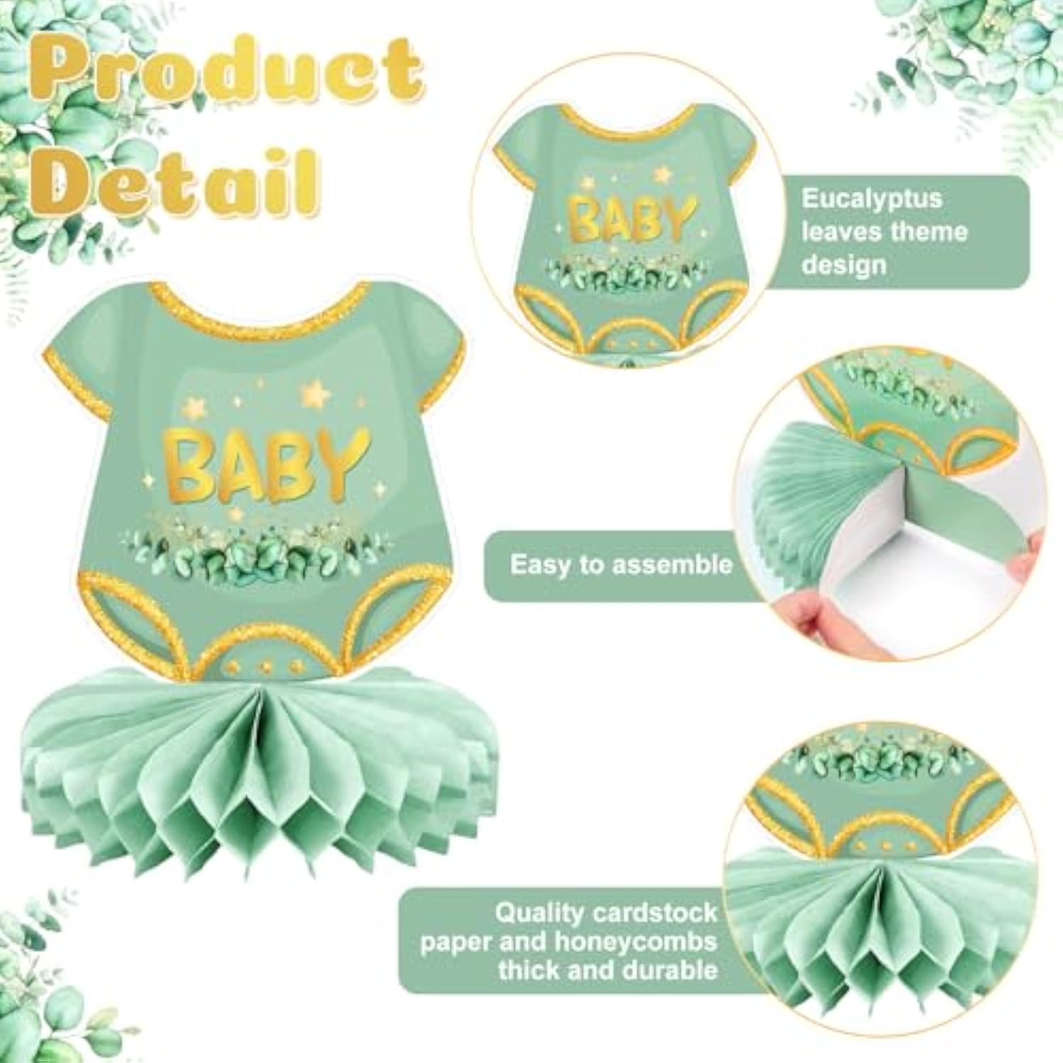 12 Pcs Greenery Baby Shower Honeycomb Centerpieces Eucalyptus Leaves Gender Reveal Table Decorations Neutral Gold Baby Shower Decorations Table Toppers For Woodland Newborn Party Supplies