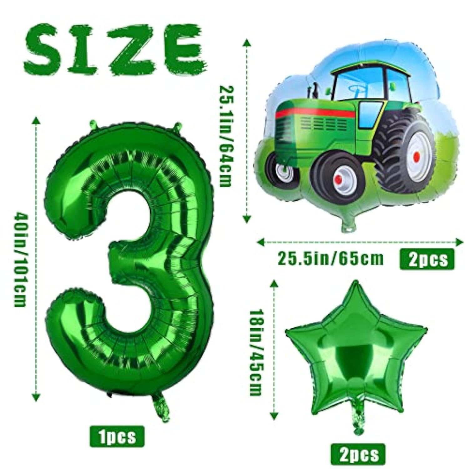 5Pcs Tractor Balloons, Green Tractor Birthday Number Mylar Foil Balloon Farm Theme 3Rd Birthday Party Supplies Decor (3Rd)