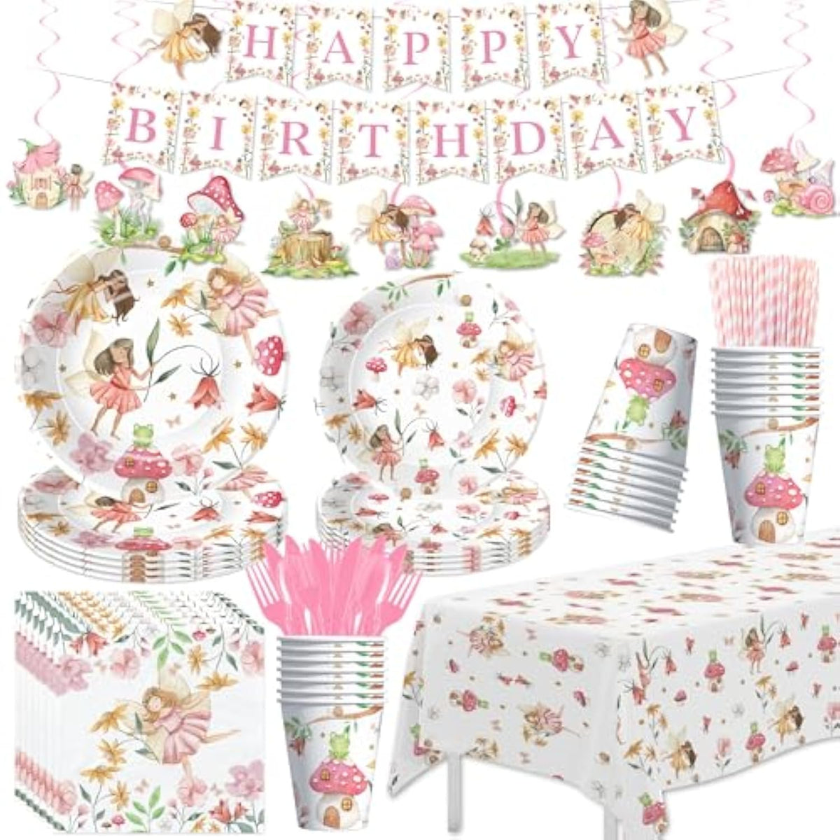 Fairy Birthday Decorations, Magical Enchanted Garden Fairy Party Decorations Supplies For Birthday Baby Shower, Paper Plate, Napkin, Cup, Banner, Tablecloth, Swirls, Cutlery, Serves 24