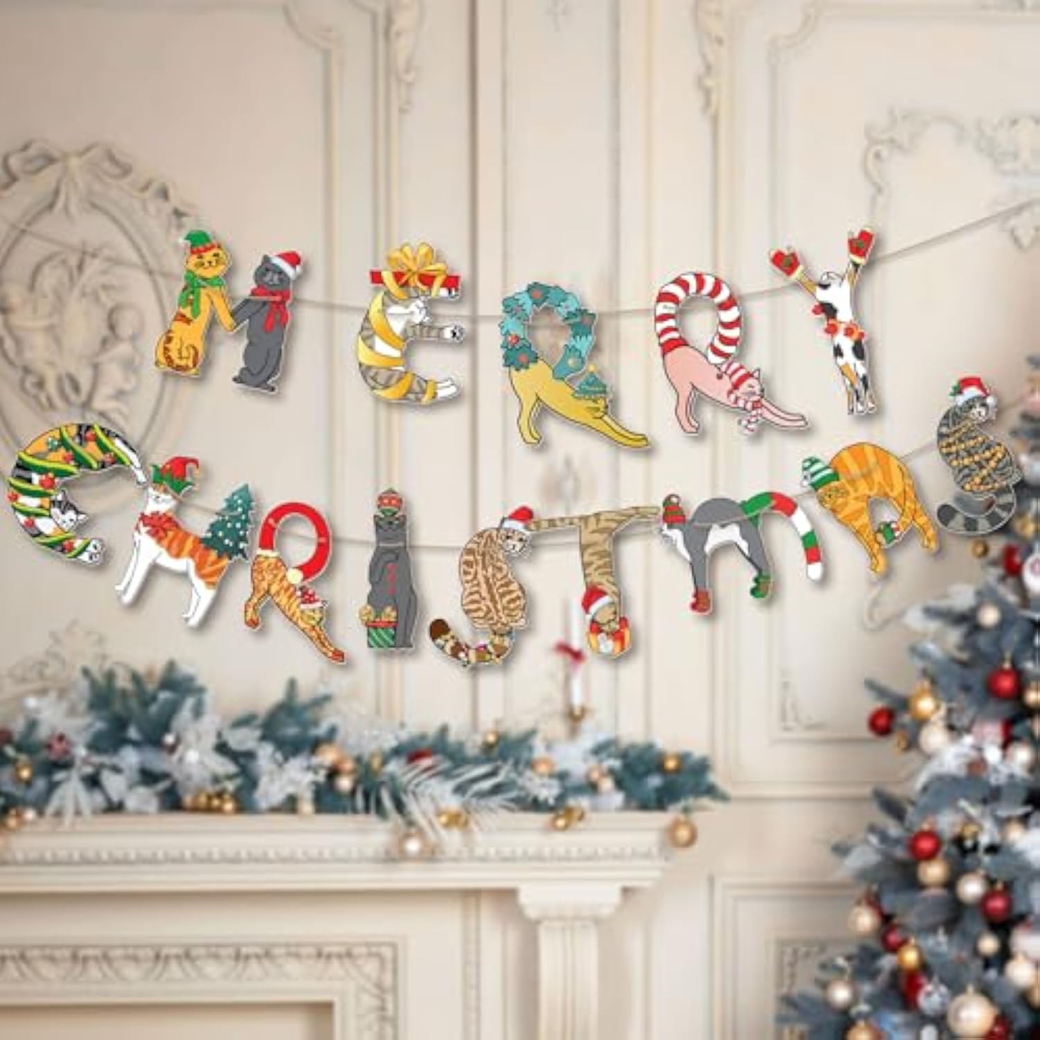 Cats Merry Christmas Garland - Festive Cat-Themed Christmas Decoration For Cat Lovers - Funny Cats Christmas Party Banner Decoration