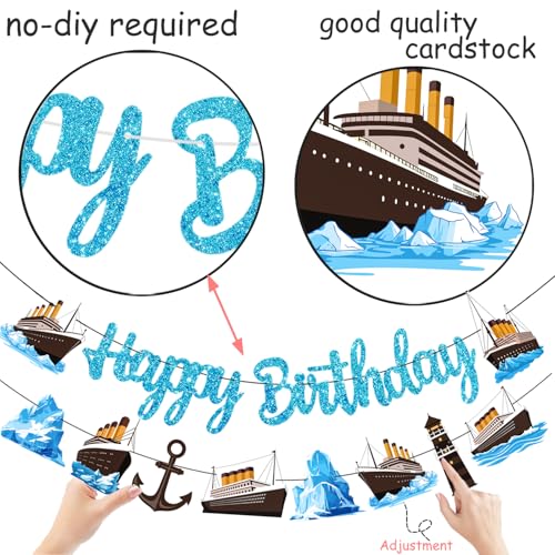 Nautical Birthday Banners 3PCS Nautical Theme Birthday Party Decorations Glitter Blue Cruise Ship Banners Ocean Sailing Party Decor for Iceberg Lighthouse Cruise Liner Baby Shower Supplies