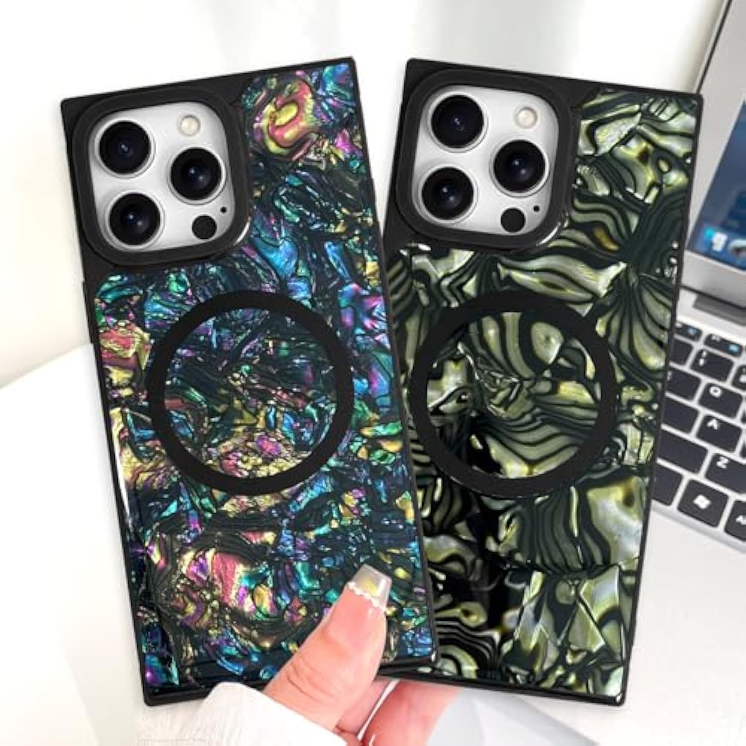 Magnetic Rectangle For Iphone 16 Pro Max Case, Compatible With Magsafe Luxury Sparkle Opalescent Pearl For Women Girls Glossy Glitter Protective Phone Case With Screen Protector, Abalone