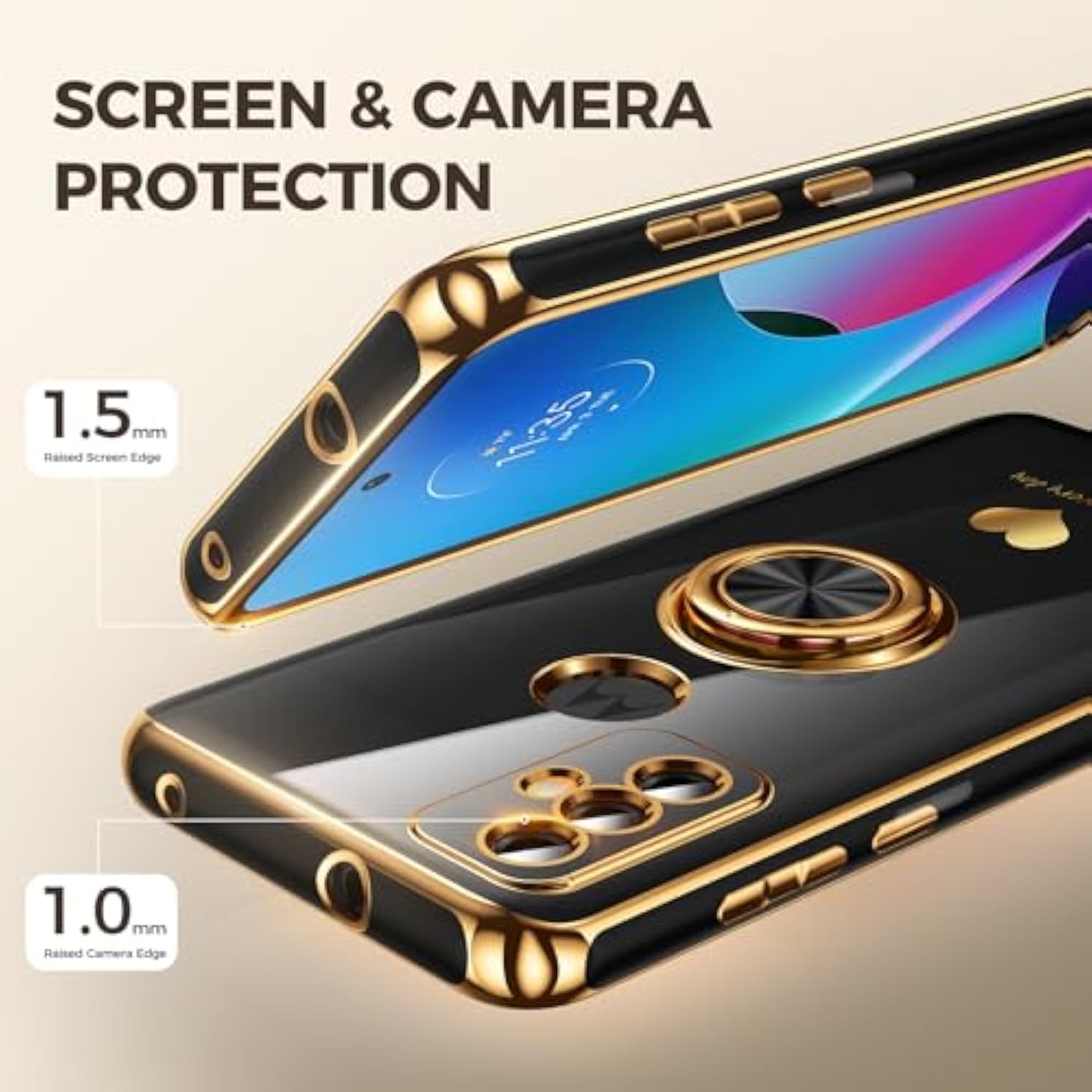 For Moto G Play 2023 Case With 2 Pack Screen Protector, 360° Rotatable Ring Holder [Luxury Hearts Pattern] Plating Gold Edge Slim Soft Phone Cover Case For Moto G Play 2023 - Black