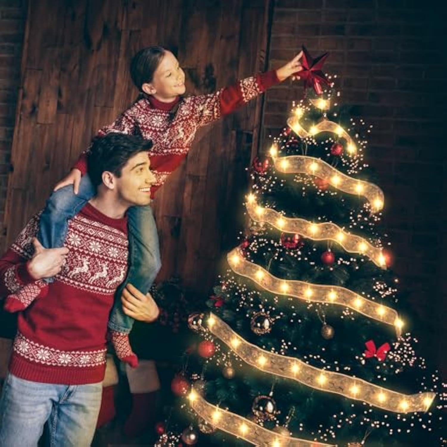 Christmas Decorations, 2.5Inch X 33Ft 100 Led Christmas Tree Ribbon Lights With Remote Control, Battery Operated & Usb P