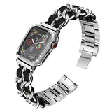 Compatible For Apple Watch Band 40Mm With Screen Protectors Case Women, Jewelry Bracelet Metal Bands With 2-Pack Bling Case Cover For 40Mm Iwatch Series Se 6 5 4(Silver Link With Black Leather)