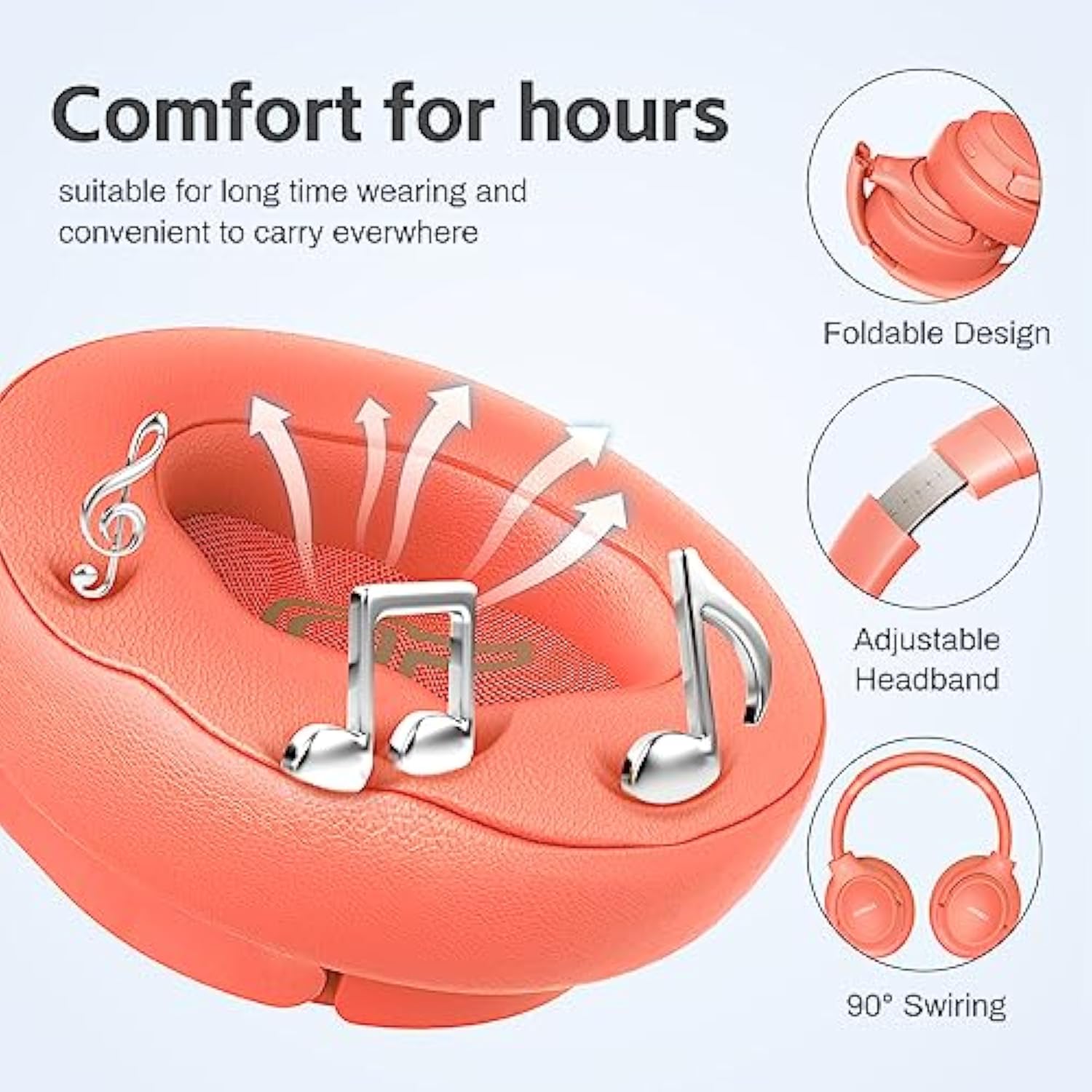 Bluetooth Headphones Over Ear, 65H Playtime And 6 Eq Music Modes Wireless Headset With Microphone,Hifi Stereo Foldable Lightweight, Deep Bass For Home Office Outdoors Etc(Orange Red)