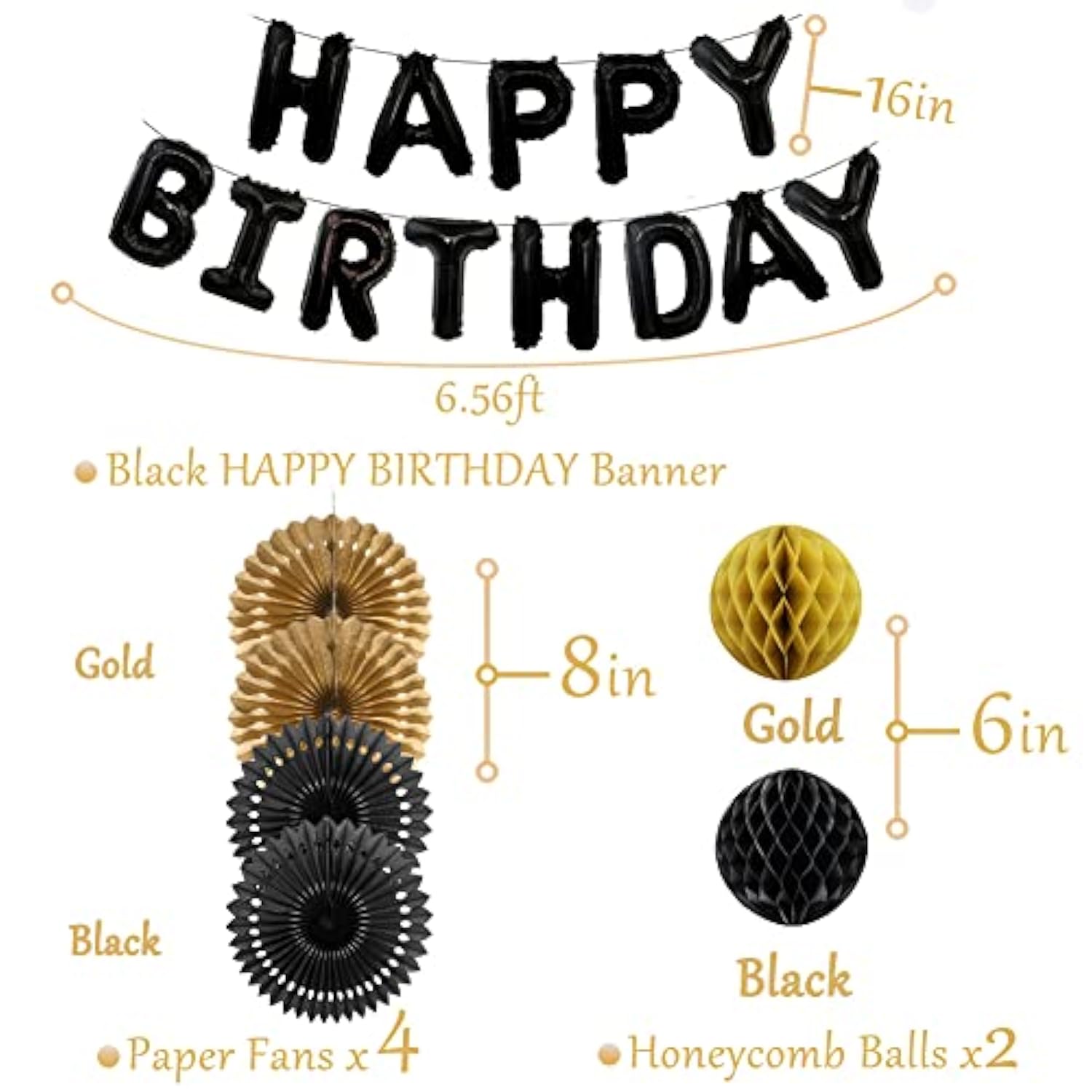 Black And Gold Party Birthday Decorations Men Black Happy Birthday Banner Black Gold Balloons Foil Fringe Curtain Bday Decor Women Boys 13Th 16 18Th 21St 25Th 30Th 40Th 50Th 60Th 70Th