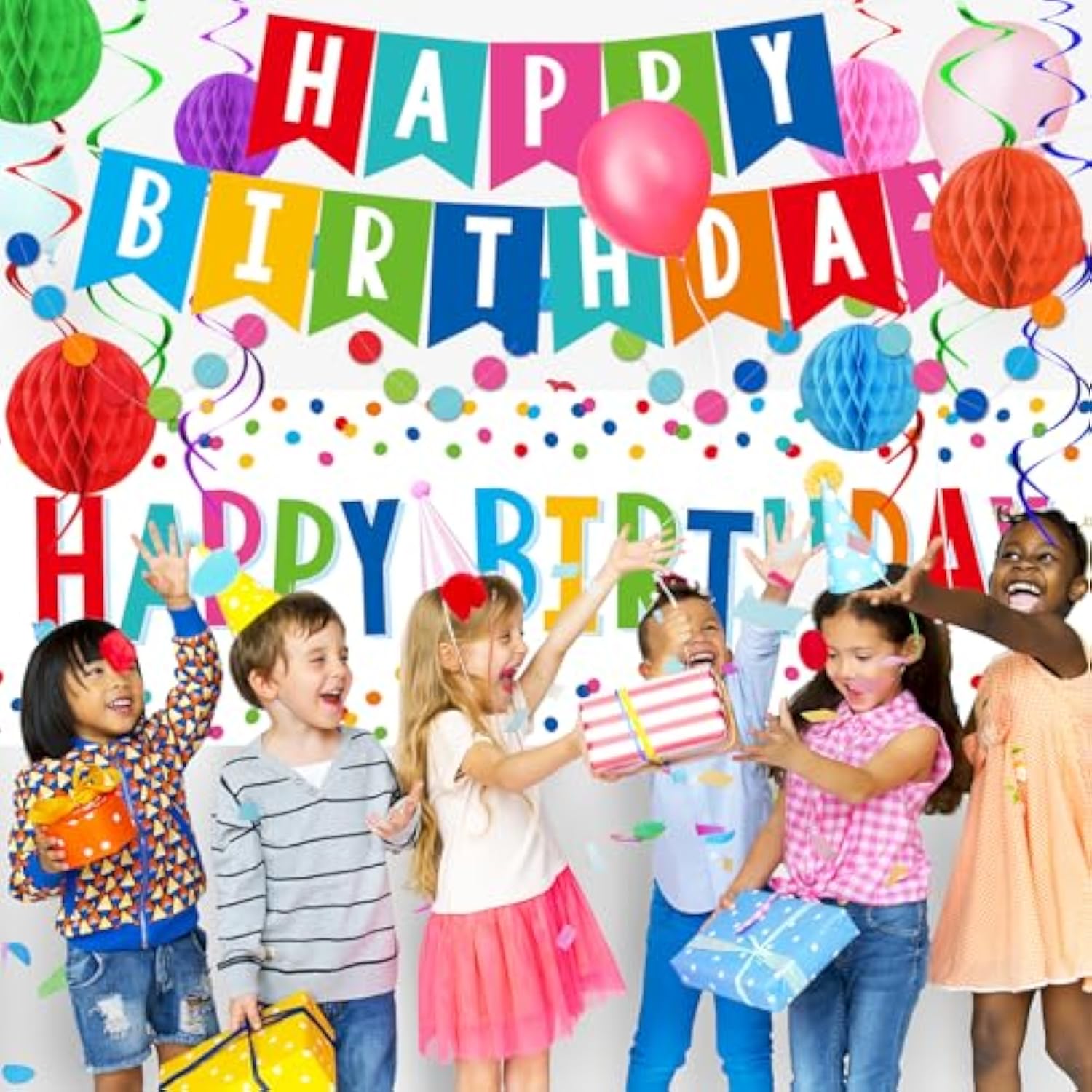 Happy Birthday Decorations Kit: Happy Birthday Banner,Birthday Dots Design Plastic Backdrop, Circle Confetti Garland, Swirl Streamers, Honeycomb Balls & Party Balloons - Table Centerpiece Set