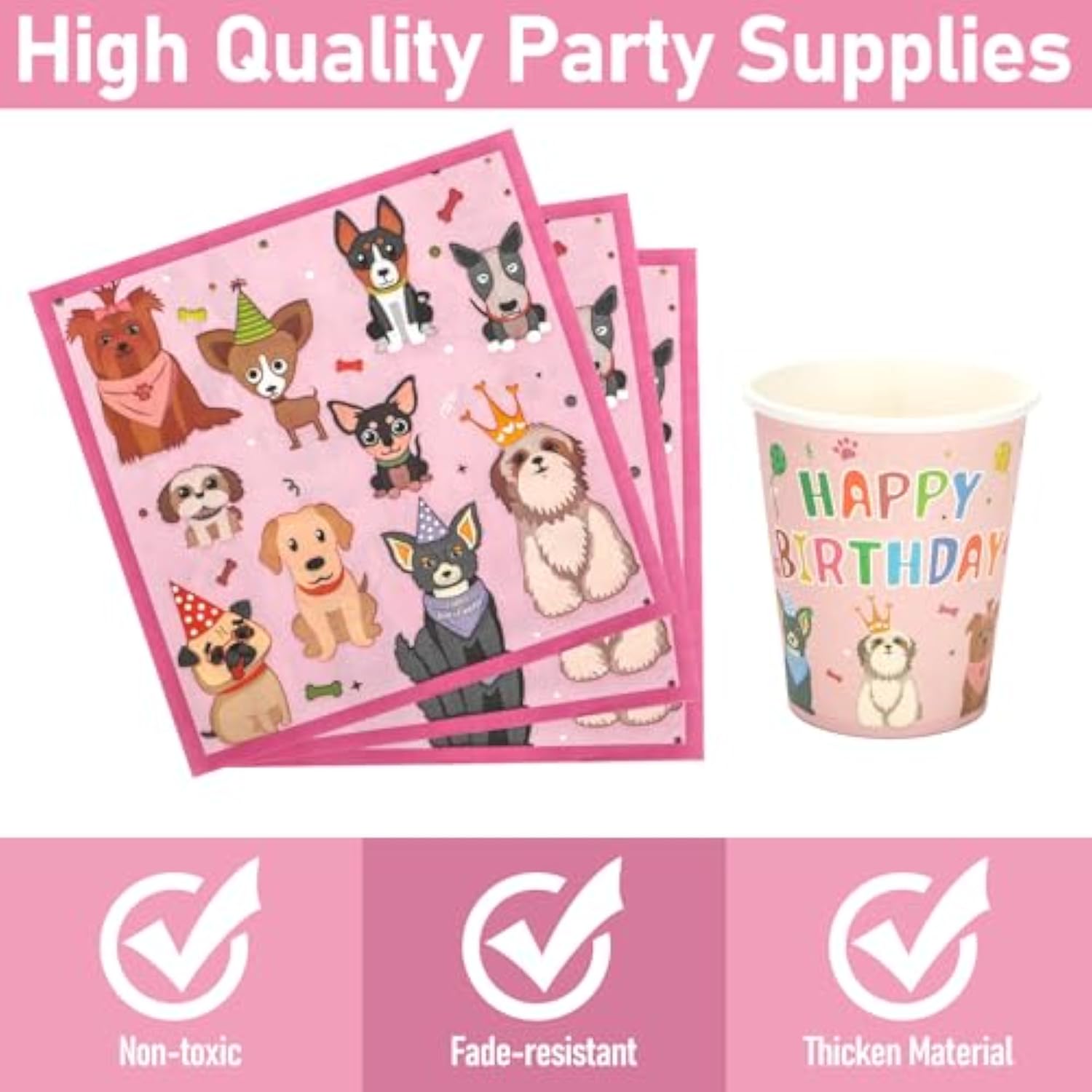 96 Pcs Party Plates And Cups And Napkins Sets,Pink Dog Theme Happy Birthday Paper Plates And Napkins Party Supplies For Birthday, Disposable Tableware Sets Serve For 24 Guests, Puppy