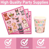 96 Pcs Party Plates And Cups And Napkins Sets,Pink Dog Theme Happy Birthday Paper Plates And Napkins Party Supplies For Birthday, Disposable Tableware Sets Serve For 24 Guests, Puppy